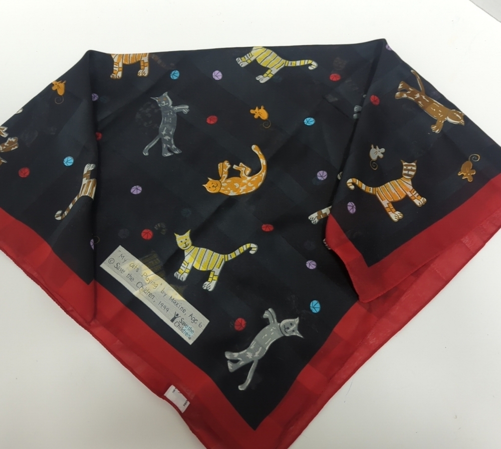 Vintage 1999 My Cats Playing Scarf Save The Children Artist Maxine Age 6 23"X22"